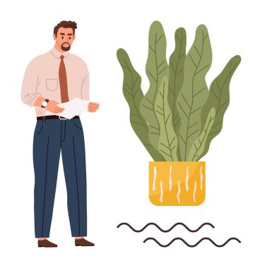 Kâğıt eleştiren bir adam, dekoratif bir bitkinin yanında ofis kıyafeti giyen dalgalı aksanlı sarı bir tencerede. İş yeri verimliliği, profesyonel dekor, farkındalık, çevre dostu temalar, denge için ideal