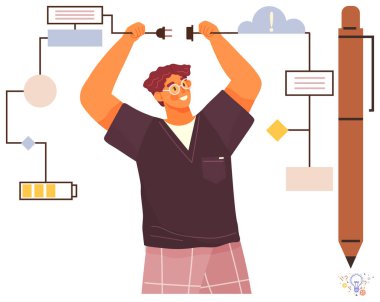 Adam iş akışı diyagramına pil, bulut ve nota elementleriyle kablo bağlıyor. Yaratıcılık, yenilik, beyin fırtınası, üretkenlik, problem çözme, takım çalışması ve basit düz metafor için ideal