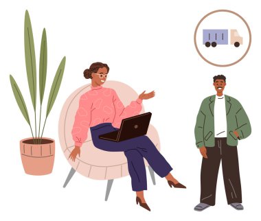 Bir kadın dizüstü bilgisayarla oturmuş tartışırken, bir adam da yanında duruyor, bir bitki ve kamyon ikonu tarafından çerçevelenmiş. İşbirliği, takım çalışması, çevrimiçi iş, dağıtım, lojistik ve gayri resmi için ideal