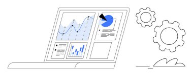 Çizgi grafiği, bar grafiği, pasta grafiği, belgesi olan laptop ekranı. Dişliler süreci ve analizi sembolize eder. Analiz, teknoloji, iş, yönetim verimliliği büyümesi için ideal basit iniş sayfası