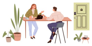 Bir dizüstü bilgisayar, kahve ve kitaplarla ahşap bir masada işbirliği yapan iki iş arkadaşı. Kapalı alandaki bitkiler doğa ekler. Takım çalışması, uzaktan çalışma, çalışma alanı tasarımı, işbirliği, üretkenlik sohbeti için ideal