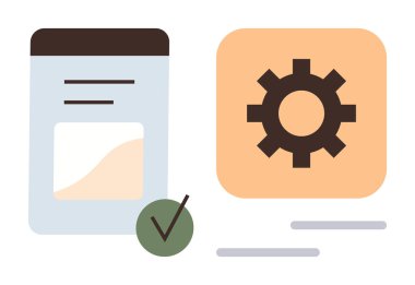 İşaretli belge kutusunun yanında vites simgesi. İş akışı, ayarlar, otomasyon, onay, yönetim, organizasyon ve üretkenlik kavramları için ideal. Basit düz metafor