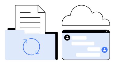 Kullanıcı profilleri ile senkronize oklar, bulut simgesi ve sohbet arayüzü içeren dizin. Takım çalışması, veri paylaşımı, işbirliği, bulut depolama, uzak çalışma, üretkenlik için ideal basit