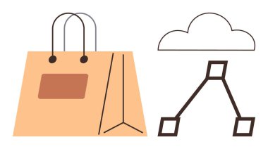 Bulutların yanı sıra e-ticareti, veri paylaşımını ve modern çevrimiçi hizmetleri temsil eden bağlantı noktalarıyla alışveriş torbası. Teknoloji, e-ticaret, bulut depolama, perakende satış, dijital iş için ideal