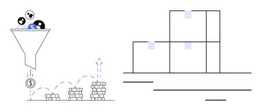 Huni filtreleme kablosu, istiflenmiş kutulardan oluşan bir depo sisteminin yanında büyüyen bozuk paralara dönüşüyor. Satışlar için ideal huni, gelir artışı, kurşun dönüşümü, lojistik, e-ticaret, envanter