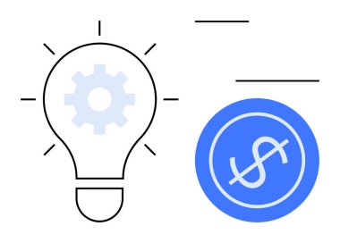 İçinde teçhizat olan bir ampul ve yenilik, finans ve gelişimi temsil eden mavi bir daire şeklinde dolar işareti. Girişimler için ideal, iş stratejisi, finans, yaratıcılık, yatırım, yenilik