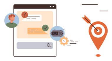 Soruları, sohbet robotları cevaplarını, onay simgelerini ve oklu hedefi gösteren sohbet etkileşimi. Otomasyon, müşteri hizmetleri, hedef belirleme, yapay zeka teknolojisi, karar verme verimliliği için ideal basit