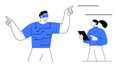 Sanal gerçeklik kulaklığı kullanan bir adam. Devre desenli gömleği ileri bakan bir kadın. Elinde tablet tutan bir kadın. Yenilik için ideal, takım çalışması, iletişim, yapay zeka, robot bilimi, öğrenme, basit
