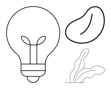 Bir ampulün ana hatları, organik formlar ve soyut yapraklar. Yaratıcılık, sürdürülebilirlik, enerji, doğa, minimalizm tasarımı ilham ve yenilik için idealdir. Basit düz