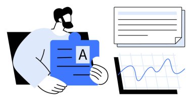 A harfli yapboz parçası tutan bir adam. Yanında da bir çizgi çizelgesi ve metin belgesi var. İş, strateji, problem çözme, analitik, araştırma ve öğrenme eğitimi için ideal. Basit bir düz metafor.