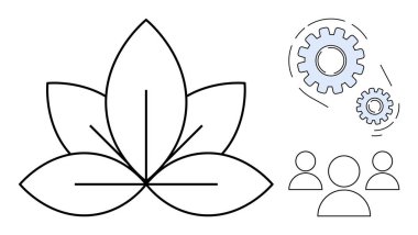 Lotus sembolü, verimliliği temsil eden dişliler ve takım çalışmasını yansıtan bir grup insan. Farkındalık, sürdürülebilirlik, işbirliği, yenilik, toplum, kişisel