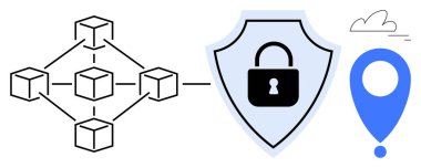 Blockchain ağ diyagramı, kilit simgesiyle korunan kalkan ve yer belirleme pimi veri şifreleme ve yer-tabanlı teknoloji öneriyor. Güvenlik için ideal, engelleme zinciri, konum belirleme, ağ oluşturma