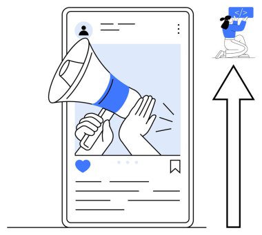 Akıllı telefon ekranının içinde mavi bir megafonu tutan eller, başparmakları yukarı kaldıran kalp ve yer imleriyle. Pazarlama, sosyal medya tanıtımı, kullanıcı katılımı, markalaşma, iletişim için ideal