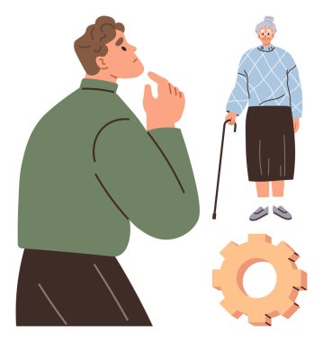 Bastonlu yaşlı bir adam, bakım sistemlerini sembolize eden büyük dişli bir adam. Yaşlanma, bakım, toplum desteği, çözümler, empati, yenilik için ideal insan odaklı tasarım. Basit düz