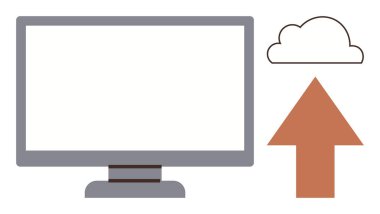 Bilgisayar monitörü, bulut ve yukarı doğru ok veri yüklemesini, bulut depolamayı ve dijital bağlantıyı sembolize ediyor. Teknoloji, internet, yazılım, veri yönetimi yeniliği bulut hesaplaması için ideal