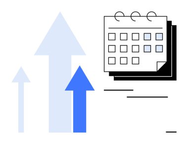 İlerlemeyi, planlamayı, zaman yönetimini ve hedef belirlemeyi sembolize eden bir takvimin yanında yukarıya bakan oklar. Üretkenlik, büyüme, ilerleme, başarı, zamanlama organizasyonu için idealdir.