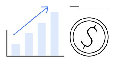 Artan oku olan bar tablosu büyümeyi simgeliyor. Dolar parası karı simgeliyor. Ekonomik başarı. İş, finans, yatırım, istatistik, pazarlama stratejisi için ideal, gelir sade bir daire