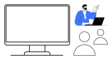 Boş monitör belirgin bir şekilde gösteriliyor, mavi takım elbiseli kişi dizüstü bilgisayarda sunum yapıyor, takım simgeleri özetleniyor. Takım çalışması, liderlik, eğitim, iletişim, iş, çalışma alanı için ideal