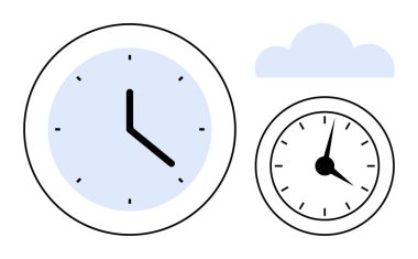 Farklı zamanlara sahip iki analog saat, biri basit bir tasarıma sahip ve diğeri daha ince detaylara sahip, bir ışık bulutu şeklinin yanına yerleştirilmiş. Zaman yönetimi, zamanlama, verimlilik ve odaklanma için ideal