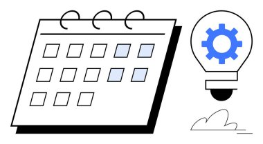Üzerinde yenilik, planlama ve ilerlemeyi sembolize eden bir dişli bulunan ampulün yanındaki işaretli tarihlerle takvim. Zamanlama, fikir organizasyonu, takım işbirliği, proje yönetimi için ideal