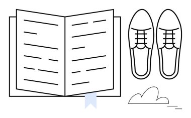 Açık bir kitap, görünür sayfalar, sıradan bir çift ayakkabı ve biraz da bulut aksanıyla. Eğitim, okuma, seyahat, rahatlama, minimalizm, yaşam tarzı ilhamı, basit bir daire