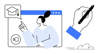 Çevrimiçi öğrenim oturumundaki öğrenci ekran içeriğine, mezuniyet başlığı simgesine, kalemle el yazısına işaret ediyor. E-öğrenim, uzaktan eğitim, eğitim teknolojisi, sanal dersler ve dersler için ideal