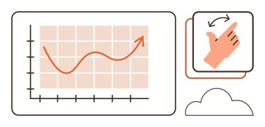 El hareketi, veri büyümesini ve bulut entegrasyonunu temsil eden, yukarı doğru eğilimli grafikle etkileşim halindedir. Teknoloji, analitik, UX tasarımı, yenilik, iş başarısı, bulut kullanımı ve dijital için ideal