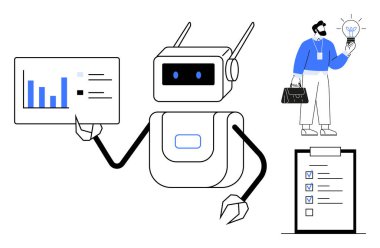 Robot veri raporu çizelgesini tutarken evrak çantalı bir profesyonel de listeyle birlikte ampul fikri panosunu sunuyor. Yenilik için ideal, Al, analitik, teknoloji, takım çalışması, fikirler
