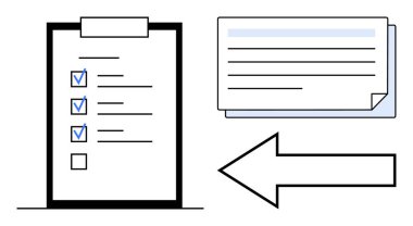 Tamamlanmış görevler, yanında belgeler ve solu gösteren büyük bir ok olan panodaki kontrol listesi. Organizasyon, planlama, verimlilik, iş akışı, görev izleme stratejisi navigasyonu için idealdir. Basit.