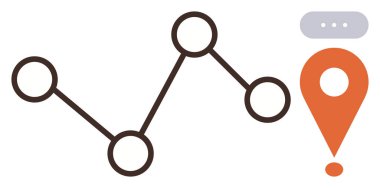 Yuvarlak düğümlü siyah doğrusal grafik, üzerinde konuşma kabarcığı olan turuncu konum işaretleyici. Navigasyon, veri analizi, izleme, planlama, iletişim, ilerleme haritalama, teknoloji için ideal