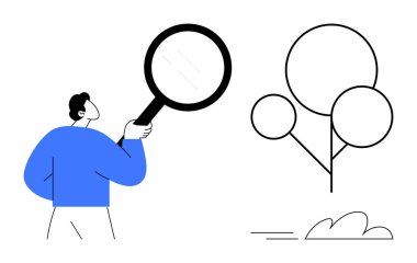 Büyüteç tutan adam soyut ağaç çizimini analiz ediyor. Araştırma, doğa keşfi, keşif, analiz, sürdürülebilirlik, yenilik ve eğitim için ideal. Basit düz metafor