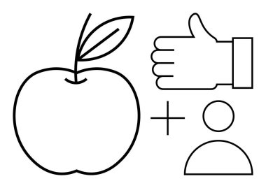 Yapraklı Apple taslağı, baş parmaklı el hareketi, kullanıcı silueti ve artı işareti. Beslenme, sağIık, kişisel tercihler, diyet uygulamaları, tercihler, basit kişisel bakım iniş sayfası için ideal