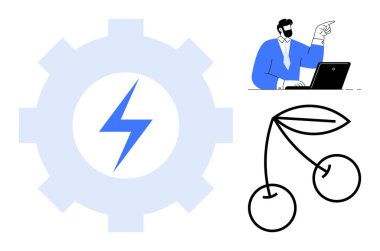 Yıldırımlı dişli enerji ve verimliliği simgeler. Dizüstü bilgisayarda profesyonel olmak takım çalışmasını ve liderliği temsil eder. Soyut kirazlar dengeyi ve büyümeyi ima eder. Yenilik ve iş için ideal