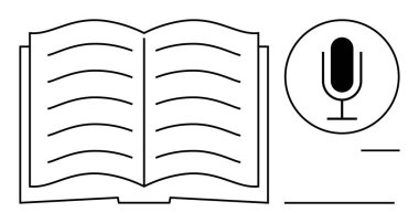 Satır ve mikrofon ikonunun yer aldığı açık kitap sesli kitapları, hikaye anlatımlarını, eğitimi temsil ediyor. Yayımcılık, öğrenme, podcast, kayıt, yazma, yaratıcılık için ideal basit iniş sayfası
