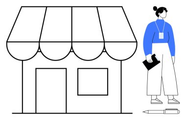 Vitrinde tente ve pano tutan profesyonel bir kadın var. Kalem ve modern tasarım dahil. Perakende, iş, girişimcilik, yönetim, planlama, strateji için ideal