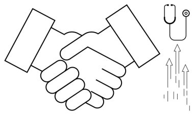 İki el, steteskop ve yukarı doğru ok eşliğinde ortaklığı ve karşılıklı güveni simgeliyor. Sağlık hizmetleri işbirliği, ortaklık, takım çalışması, güven, tıbbi büyüme ve başarı için ideal