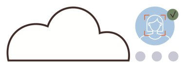 Doğrulama işaretli yüz tanıma göstergesine bağlı büyük bulut çizgisi. Veri güvenliği, ağ oluşturma, bulut yedekleme, dijital kimlik, erişim kontrolü, teknoloji için ideal