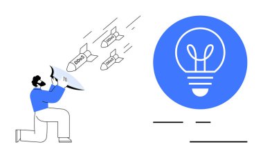 İnsan figürü, yenilik ve çözümleri temsil eden bir çanak mavi ampulle DDoS füzelerini engelliyor. Siber güvenlik, yaratıcılık, problem çözme, teknoloji, yenilik, savunma, basit