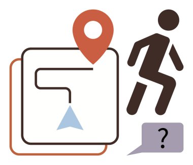 Harita güzergahı bir lokasyon iğnesi ve yön oku, yürüyen insan ve soru baloncuğu ile işaretlendi. Navigasyon, keşif, karar verme, problem çözme, seyahat rehberliği macerası için ideal. Basit.