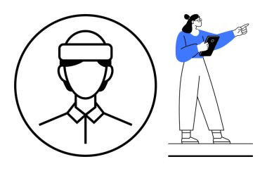 Kadın figürü pano tutuyor ve minimalist avatar ikonunun yanında el kol hareketi yapıyor. Liderlik, takım çalışması, navigasyon, kullanıcı profili, talimat, eğitim, rehberlik ve basit iniş için ideal