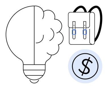 Sırt çantası ve daire şeklinde dolar işareti olan beyin şeklinde bir ampul. Eğitim, yenilik, yaratıcılık, finansal başarı, bilgi yatırımı, gençliğin güçlendirilmesi için ideal, basit düz metafor