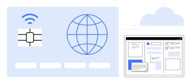 Kablosuz sinyalli çip, dünya ikonu, bulut şekli ve veri arayüzü ekranı. Teknoloji, bağlantı, dijital kimlik, siber güvenlik, iletişim uzaktan kumandalı gelecek tasarımı için ideal