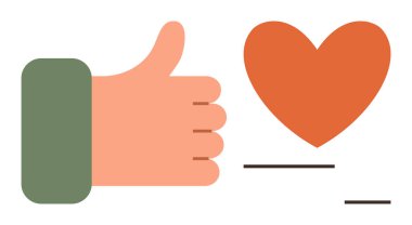 Elin kırmızı kalbe doğru baş parmak hareketi gösteriyor. Sosyal geri bildirim, onay, destek, aşk, pozitiflik, tepkiler, promosyonlar için ideal. Basit düz bir metafor.