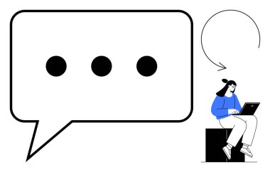 Dizüstü bilgisayarında kadının yanındaki elipsli konuşma balonu mesajlaşma ve sanal diyaloğu sembolize ediyor. Takım çalışması, dijital iletişim, beyin fırtınası, uzaktan çalışma, çevrimiçi sohbet, yaratıcılık, basit