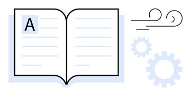 Metin satırlı açık kitap, fikirleri sembolize eden rüzgar yukarı eğriler ve süreç akışı için vitesler. Eğitim, öğrenme, bilgi paylaşımı, yaratıcılık, süreç yeniliği ve edebiyat için idealdir. A