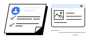 Kontrol işaretli profil belgesi ve metin ve resim önizlemeli web içeriği penceresi. Veri organizasyonu, içerik yönetimi, profil kurulumu, kullanıcı görevleri, web tasarımı, üretkenlik, basit düz