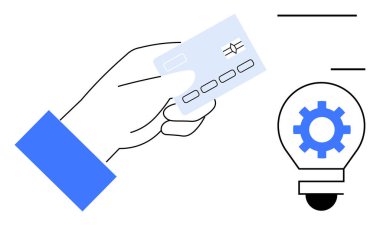 İçinde yenilik, yaratıcılık, dijital işlemler, finansal teknoloji, stratejik çözümler, otomasyon ve bilgi paylaşımını sembolize eden teçhizat bulunan ampulün yanında el ele tutuşan bir kredi kartı. İdeal