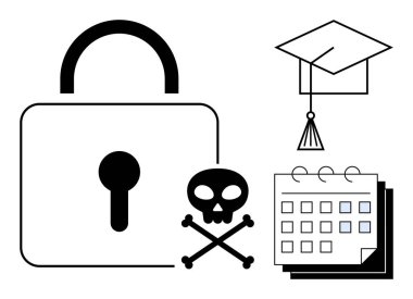 Anahtar deliği, kafatası ve çapraz kemikli asma kilit, mezuniyet şapkası ve takvim güvenlik tehditleri, akademik başarı ve teslim tarihlerini ima ediyor. Eğitim, siber güvenlik ve akademik yaşam süresi için ideal