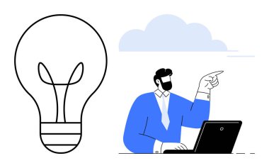 Profesyonel bir adam dizüstü bilgisayarla çalışırken büyük bir ampulün yanında grafik ve bulut şeklinde el kol hareketi yapar. Yaratıcılık, yenilik, beyin fırtınası, verimlilik, öğrenme, takım çalışması için ideal, basit düz