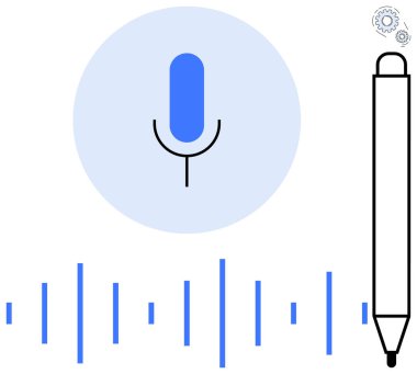 Mavi dairenin içindeki mikrofon, ses dalgası çubukları, stilus kalem ve teçhizat. Ses tanıma, transkripsiyon, üretkenlik araçları, yapay zeka, dijital not alma yeniliği için ideal basit düz metafor